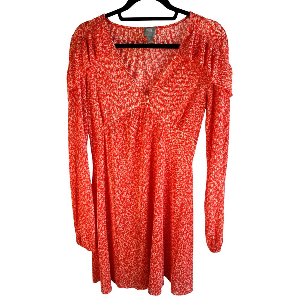 ASOS Pleated Floral Midi Dress Orange White Long Sleeve Women's US 4